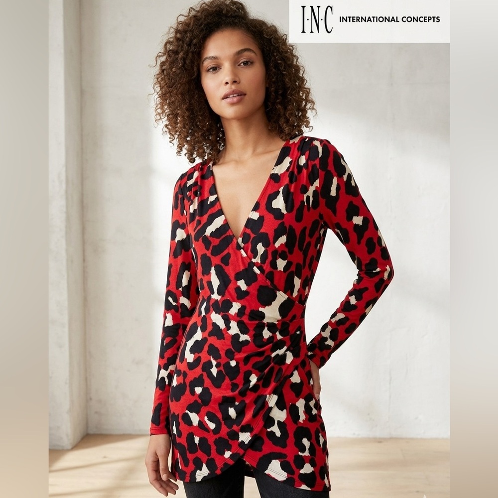 INC International Concepts Red Black Cream Leopard Wrap Top